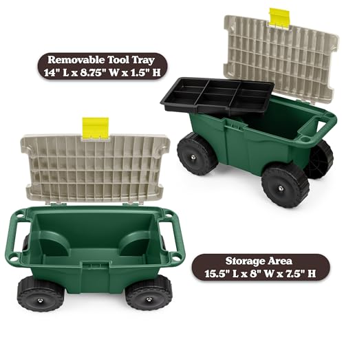 Image of Rolling Garden Cart with Seat - Plastic Storage with Bench and Interior Tool Tray - Gardening Stool for Weeding and Planting By Pure Garden (Green)