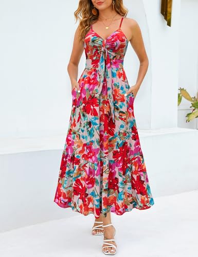 Image of Kranda Women 2026 Summer Sundress High Waist Tie Front Spaghetti Strap Long Beach Floral Tiered Maxi Dress with Pockets