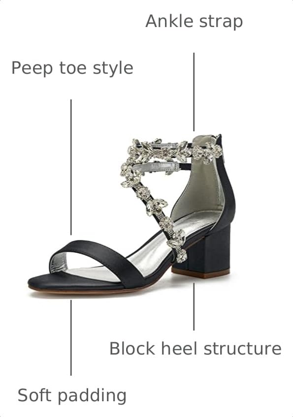 Image of Anna's Bridal Women's Low Block Heel Sandals Chunky Ankle Strap Crystal Wedding Dress Shoes Low Heel Comfortable Pump Sandals