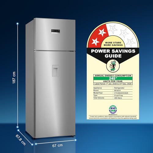 Image of Bosch 368L, 2 Star, Frost Free Double Door Refrigerator with 2.5 L Water Dispenser | 6-in-1 Convertible Storage Modes | VitaFresh |Touch Panel | 2 Cooling System 2026 Model, (CTC39S22AI,Silver)