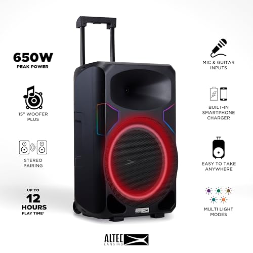 Image of Altec Lansing Portable Speaker SOUNDROVER PRO 650, 650W Peak Power, Bi-Amplified, LED Lighting, Wireless Mic Included, Aux Input, Wall Powered Perfect for Parties, DJ and Karaoke