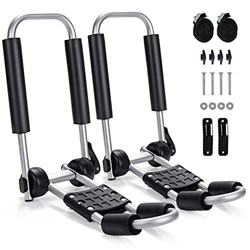 GYMAX 2Pcs J-Bar Kayak Roof Rack, Universal Foldable Kayak Carrier for Kayak, Canoe, Surf Board, Ski Board, Rooftop Mount on SUV, Car and Truck Crossbar (One Side)