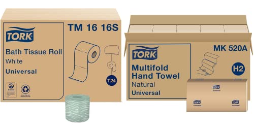 Tork Toilet Paper Roll White T24, Universal, 2-Ply, 96 x 500 sheets, TM1616S & Multifold Hand Towel Natural H2, Universal, 100% Recycled Fibers, 16 x 250 Sheets, MK520A