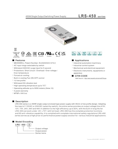 Alimentation LRS-450-12 transformateur 12V pour bandeau LED et automatisme