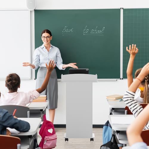 Suuiwau Stehpult Podiumständer mit Schublade Rednerpult aus Holz mit Rollen Holz-Podium mit mehrstufiger Ablage für Schulen, Heime, Seminare und Kirchen Weiß (60 * 40 * 101 cm)