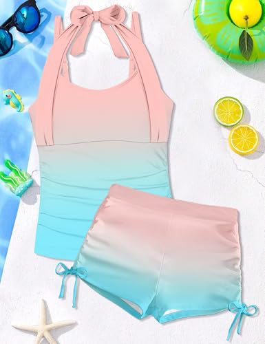 Image of Girls Swimsuit 2 Piece Halterneck Girls Tankini Swimsuit Drawstring Printed Swim Shorts Girl Bathing Suit for 7-18T
