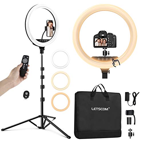 LETSCOM 18 inch Ring Light with Tripod Stand & Phone Holder, 3000K-6500K Dimmable Led Light, Touch and Remote Controller Lighting Kit for Photo Studio/Makeup/YouTube/TIK Tok/Camera, Carrying Bag