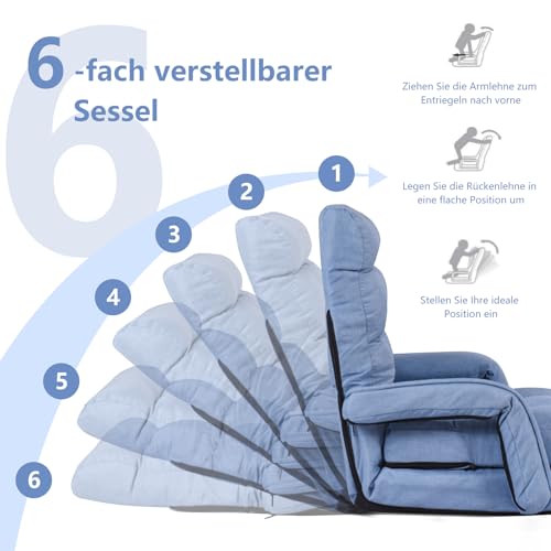 COSTWAY Bodenstuhl mit Schlaffunktion, Bodensofa mit Verstellbarer Rückenlehne, gepolstertes Klappsofa mit Armlehnen und Kissen, Bodensessel, Bodenstuhlsofa für Zuhause und Büro (Blau) – Bild 6