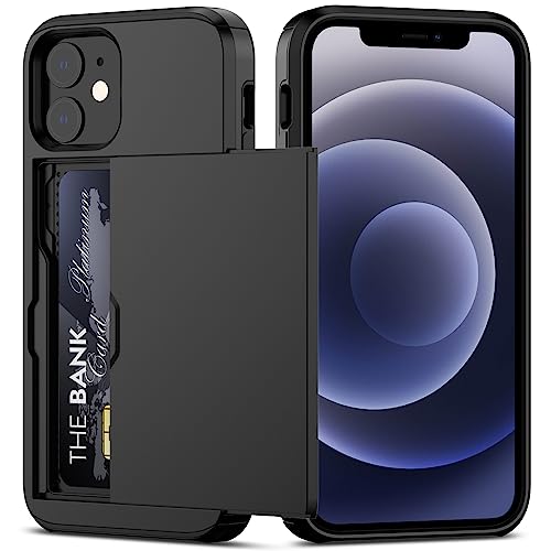 Nvollnoe for iPhone 12 Mini Case with Card Holder Heavy Duty Protective Dual Layer Shockproof Hidden Card Slot Slim Wallet Case for iPhone 12 Mini for Men&Women(Black)