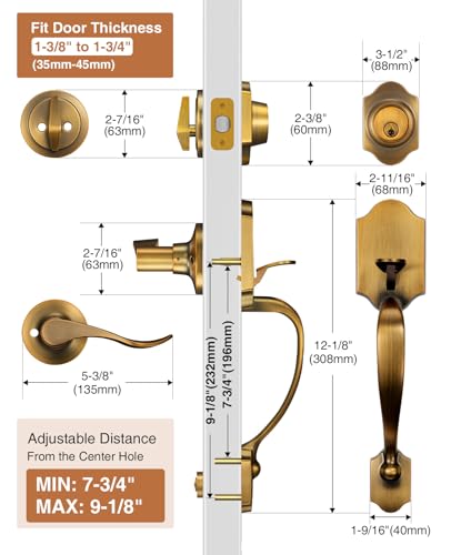 Image of Brightify Antique Brass Front Door Lock Set, Keyed Entry Door Handle with Deadbolt for Home Security, Reversible Left /Right-Hand, Adjustable Latch, Fits 1-3 /8 inch to 1-3 /4 inch Door Thickness