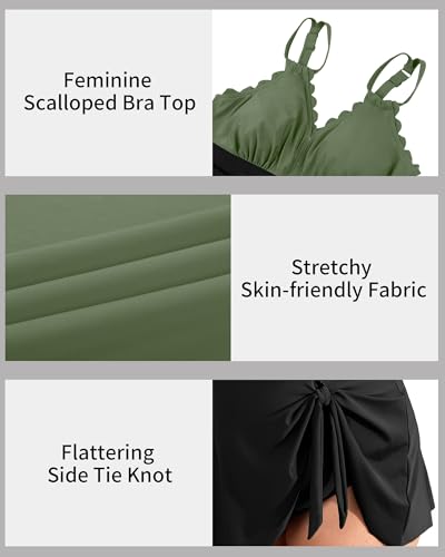 Image of Charmo Plus Size Bathing Suit for Women One Piece Swimdress Tummy Control Ruched Swimsuits Scalloped V Neck Swimwear Army Green Black 3X
