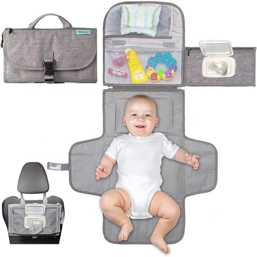 NALACAL Portable Diaper Changing Pad, Baby Changing pad for Newborn Girl and Boy Smart Wipes Pocket, Waterproof Travel Changing Kit, Grey