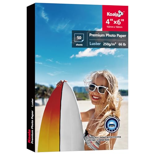 Koala Premium Photo Paper 4x6 In Luster Photo Printer Paper for Inkjet Printer Water-Resistant Soft Gloss 66lb 50 Sheets