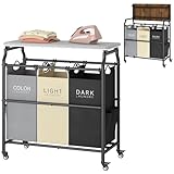 Hoctieon 3 Section Laundry Sorter Cart with Ironing Board, Laundry Hamper Basket with Shelf and Wheels, Heavy Duty Clothes Organizer, Large Clothes Separator with Removable Bags, Black+Gray+Beige