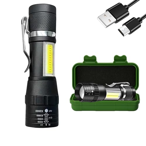 Utilify Mini Linterna LED Recargable Alta Potencia 2000 LM, Luz Lateral, Enfoque Zoom, Modos Fijo/SOS, Impermeable y Compacta para Camping, Senderismo, Trabajo, Hogar. Incluye Estuche (ABS)