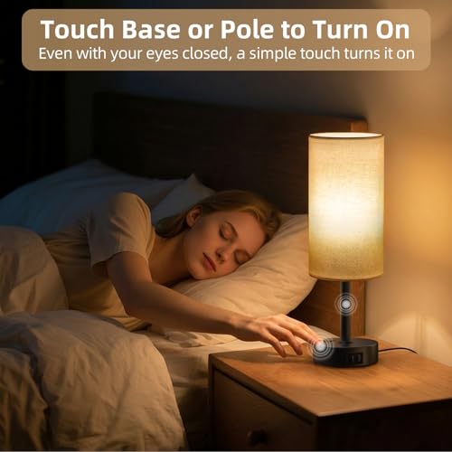 Image of Table Lamp for Bedroom, High-Sensitivity Touch, AC Outlet, USB A+C