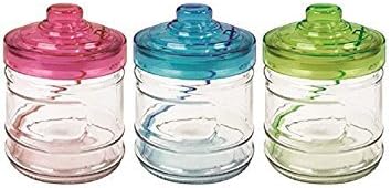 3x Glass Jars With Coloured Lids and Spoons - Tea, Coffee, Sugar, Sweets, Herbs & Spice