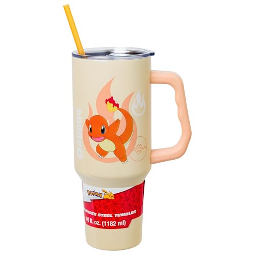 Image of Silver Buffalo Pokemon Featuring Charmander Stainless Steel Tumbler with Handle, Fits in Standard Cup Holder, 40 Ounces