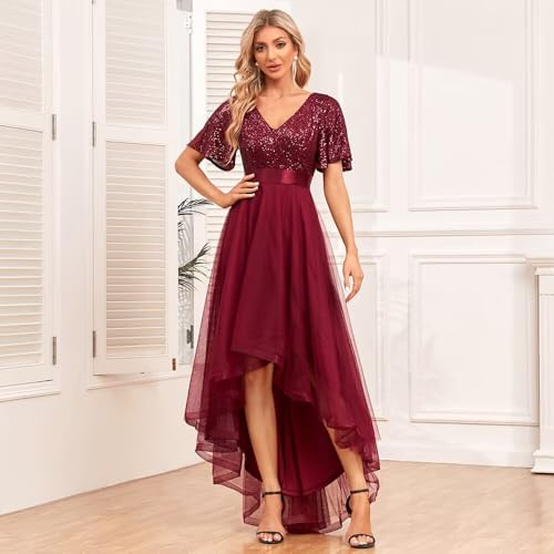 Corset Flutter Sleeve Hi Low Mother of The Bride Dresses V Neck Sparkly Formal Dress for Women DI2632
