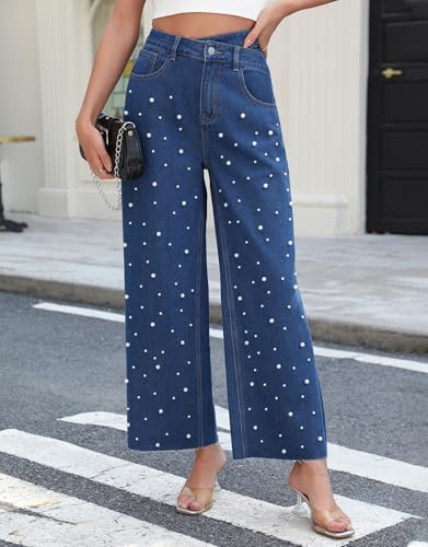 Kedera Womens High Waisted Pearl Jeans Casual Embellished Jeans Crossover Straight Leg Denim Pants with Raw Hem4