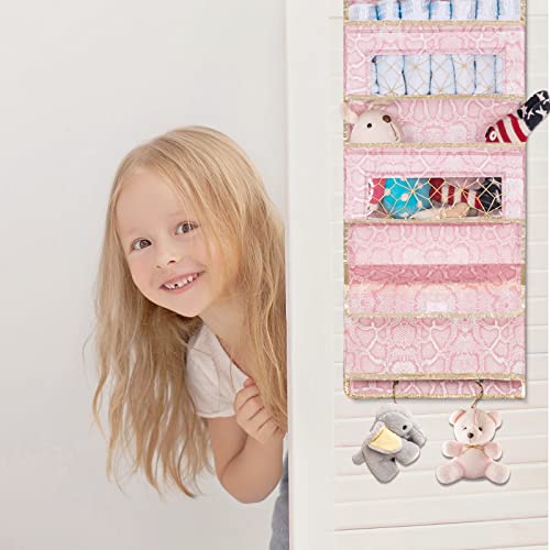 Damahome Over Door Hanging Organizer - Closet Door Storage Organizer 5 Large Pockets, Door Organizer Hanging Clear Window Pocket, 4 Metal Hooks For Baby Nursery Bedroom Pantry Bathroom (Pink) #TOP1