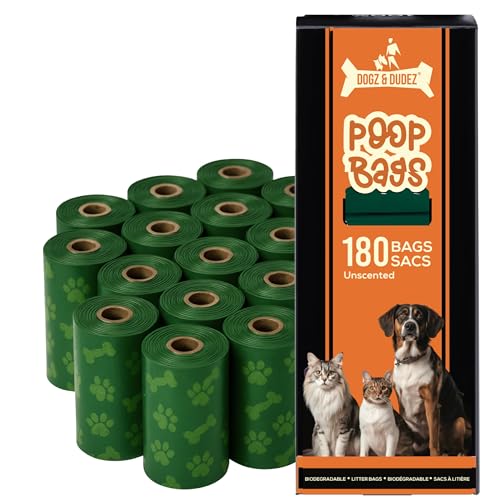 Image of Dogz & Dudez Dog Poop Bags, Green, 12 Rolls /180 Count | Biodegradable, Leakproof, Fits Standard Leash Dispenser, 1.18X1.97 Inch