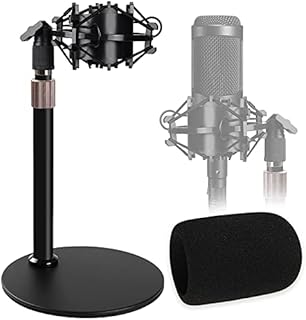 AT2020 Desktop Microphone Stand with Shock Mount & Foam Windscreen, Adjustable Mic Stand Desk with Pop Filter Shockmount for Audio Technica AT2020 AT2020USB+ AT2035 ATR2500 Condenser Microphone Frgyee