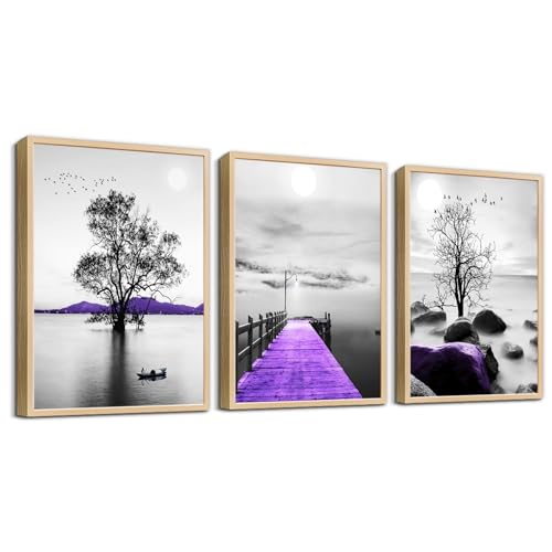 DZRWUBHS Natural Wood Framed Wall Art For Living Room Wall Decoration For Bedroom Bathroom Office Wall Decor Black White Painting Purple Scenery Wall Pictures Artwork Prints Room Home Decor 3 Piece