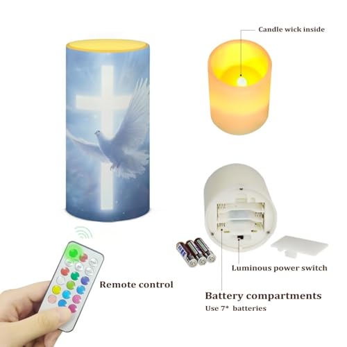 Image of Poceacles Easter Decorations LED Flameless Candles Battery Operated Candles with Remote Control Timer Flickering Wick Pillar Tealight for Holiday Party Decor, Blue Cross Dove of Peace