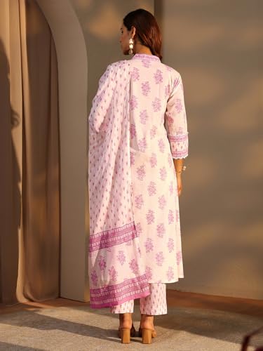 Image of Libas Printed Cotton A Line Kurta With Trouser and Dupatta | daily wear suit