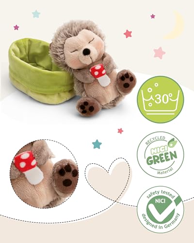 NICI Kuscheltier Igel mit Fliegenpilz schlafend im Körbchen - braun - Stofftier aus weichem Plüsch, niedliches Plüschtier zum Kuscheln und Spielen, für Kinder & Erwachsene - 61583