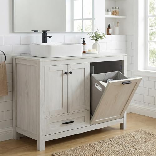 SOLIDEE 42 Bathroom Vanity Cabinet with Removable Laundry Hamper Modern Standing Pedestal Cabinet with White Ceramic Sink