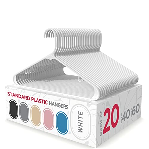 Sharpty Plastic Hangers Clothes Hangers for Clothing, Closet, Coats & Shirts – Durable, Thick, Tough & Space Saving – for Everyday Standard Use, Room Essentials & Basics – 20 Pack – White