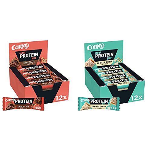Corny Your Protein Chocolate Crunch, ohne Zuckerzusatz, 12er Pack (12 x 45g) & Your Protein Vanilla White Crunch, Eiweiß-Riegel mit 30 Prozent Protein, ohne Zuckerzusatz, 12er Pack (12 x 45g)