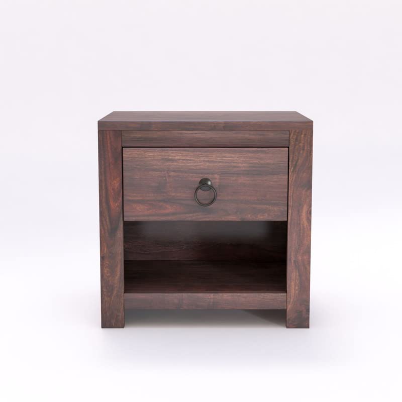 Image of Solid Wood Sheesham End Table with 1 Drawer and 1 Shelf Modern Design - Walnut Finish