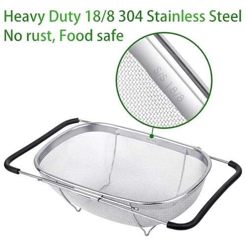 Image of Stainless Steel Oval Fine Mesh Colander Strainer with Rubber Rubber Grip Handle| Multi-Functional Large Over The Sink Basket Expandable Drainer for Rinse Vegetables Fruits (Pack of 1)