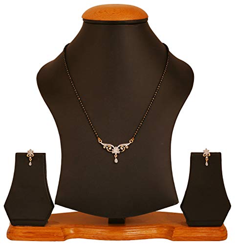 Touchstone Indian Bollywood Style Rhinestone Zirconia CZs Black Beads Symbolic Designer Jewelry Mangalsutra Set in Gold Or White Tone for Women.2