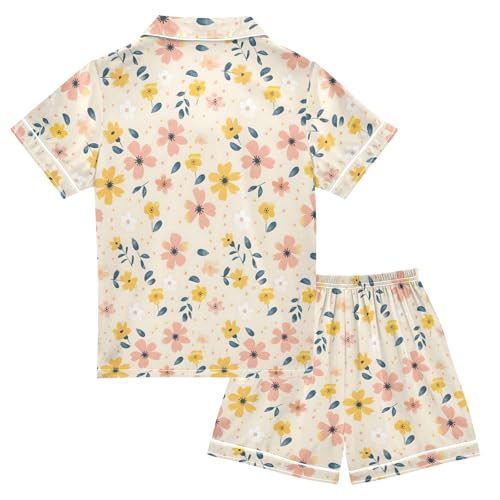 Retro Yellow and Pink Flowers Summer Satin Pajama Set, Cute Button-Down Sleepwear Pj Set for Sleep Wears2