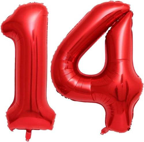 Image of Red 14 Number Balloons,40 Inch 14 Balloons Foil Mylar Helium Big Red 14 Balloon Number for Birthday Party Anniversary Decorations