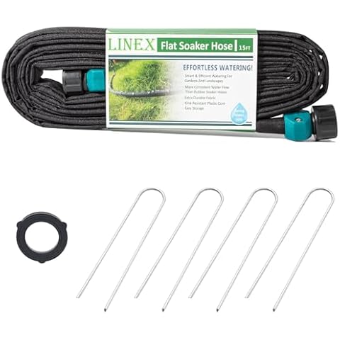 LINEX Garden Flat Soaker Hose 1/2" x 15 ft with Stake for Garden Beds Drip Irriagtion Hoses Heavy Duty Save Water 80% Cover