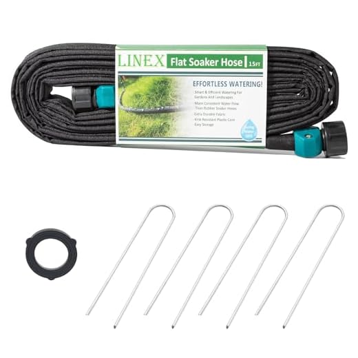 LINEX Garden Flat Soaker Hose 1/2" x 15 ft with Stake for Garden Beds Drip Irriagtion Hoses Heavy Duty Save Water 80%