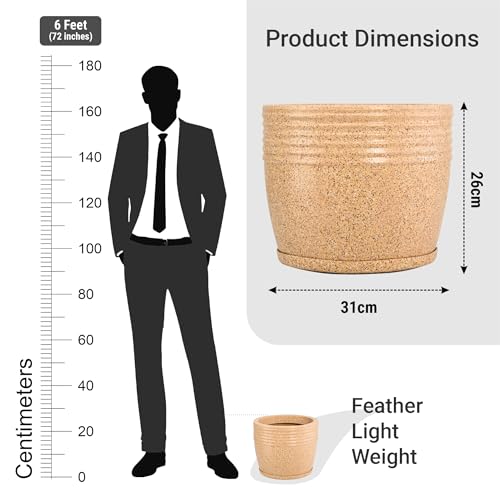 Image of Kuber Industries 12-Inch Roto Mould German Polymer Big Size Flower Pot with Bottom Tray | Indoor /Outdoor Tree Gamla Planter for Living Room, Resorts, Hotels, Terrace & Garden | Marble Sunshine - Sand