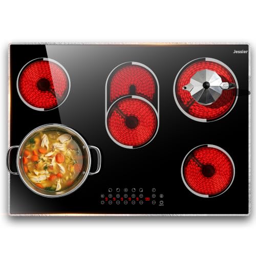 Jessier Electric Cooktop 30 Inch(Cut-out Size: 29.13"x19.3") - 30" Built-in Electric Stove 8400W, 5 Burner Ceramic Stove with Metal Frame, Timer, Safety Lock, Dual Ring, 220V Hard Wired (No Plug)