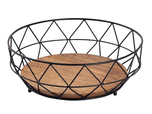Amago home Obstschale Decokorb Brotkorb rund ø 28 cm H 10 cm Metall schwarz mit Holzboden massiv