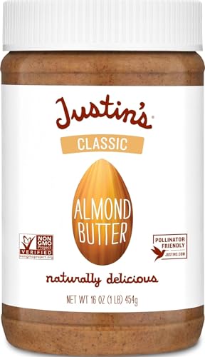 Image of Justin's Classic Almond Butter, Only Two Ingredients, No Stir, Gluten-free, Non-GMO, Keto-friendly, Responsibly Sourced, 16 Ounce Jar, Pack of 1