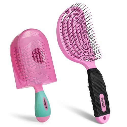 NuWay® Traveler® + DoubleC® Scalp Care Hair Brush Bundle – Compact Travel® Brush with Protective Case & Patented Double Curve Brush with BrainyBristles® for Scalp Massage, Wet & Dry Hair (Rose Pink) image 4