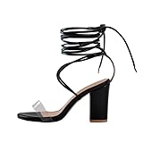 Yolkomo Black Lace Up Heels for Women Chunky High Heel Sandals Sexy Strappy Gladiator Heels Wide Open Toe Clear Strap Low Block Heel Lace-Up Sandals Size 8