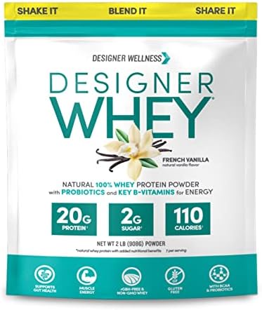 Designer Wellness Designer Whey Natural 100% Whey Protein Powder with Probiotics, Fiber, and Key B-Vitamins for Energy, Gluten-free, Non-GMO, French Vanilla 2 lb
