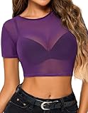 Avidlove Short Sleeve Mesh Crop Top Sheer Tops for Women See Through Shirt Y2K Outfits for Women Bright Purple S