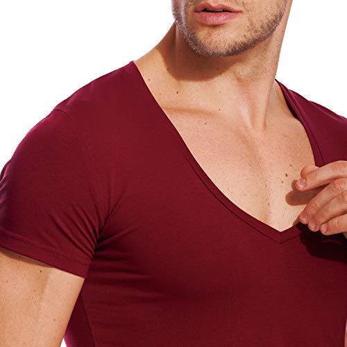 V Neck T Shirts Men Deep V Neck Tee Muscle Slim Fit Low Cut Undershirts Red XL — view 6